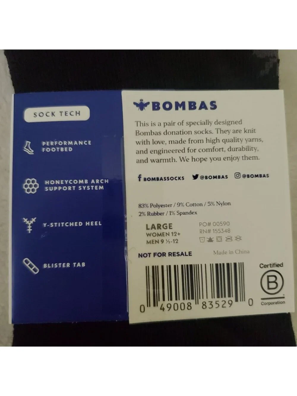 Bombas ankle socks tech ankle 5 pairs women/men sz large honeycomb cushion black